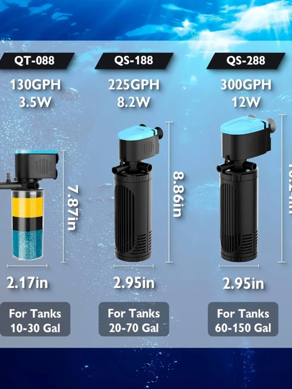 AquaMiracle Submersible Aquarium Filter 300GPH | 3-Stage for 60-150 Gal Tanks